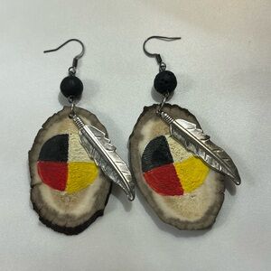 Medicine Wheel/Elk horn earrings with black lava bead